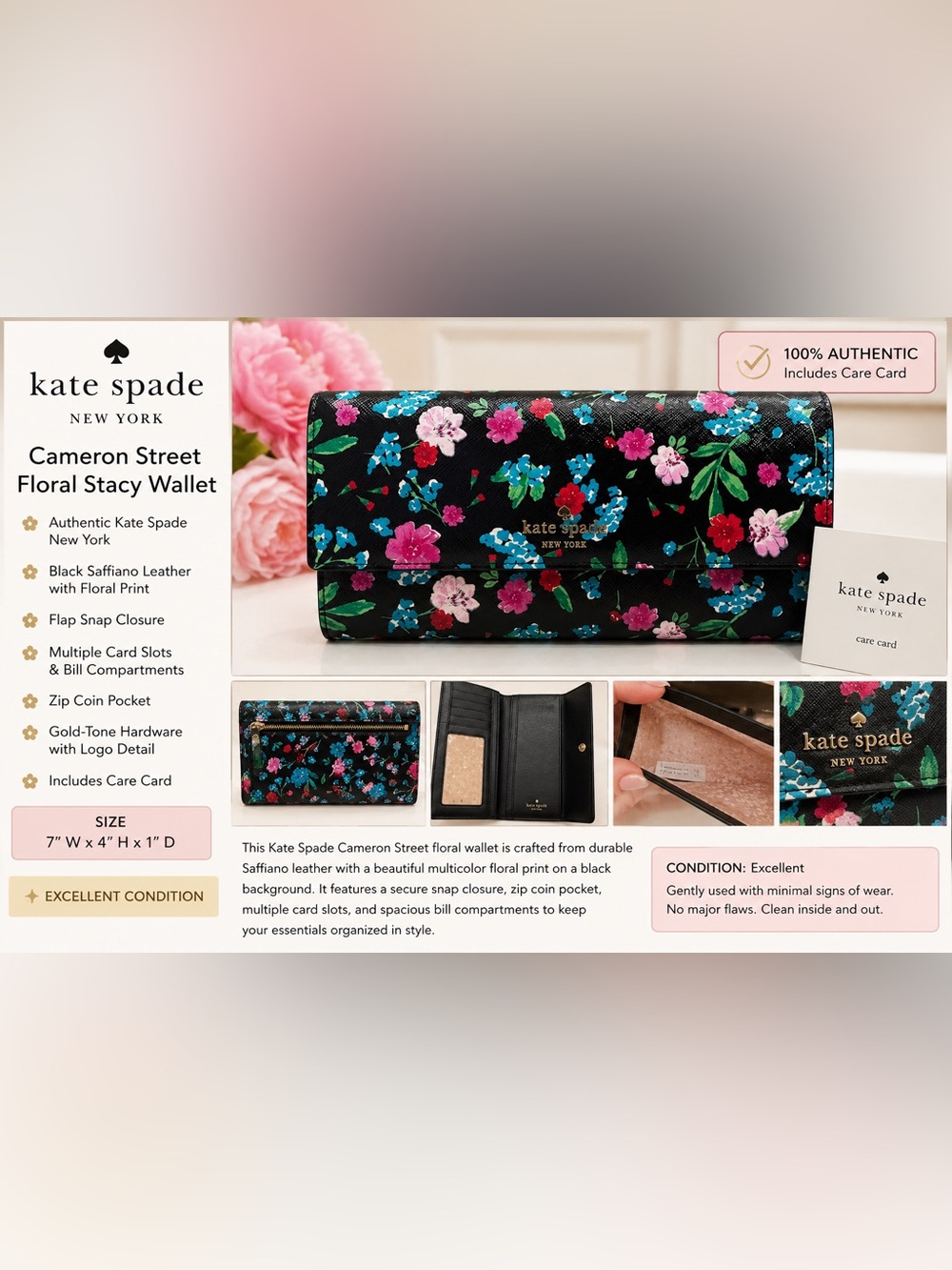 Kate Spade Floral Stacy Wallet Black Saffiano Leather Continental